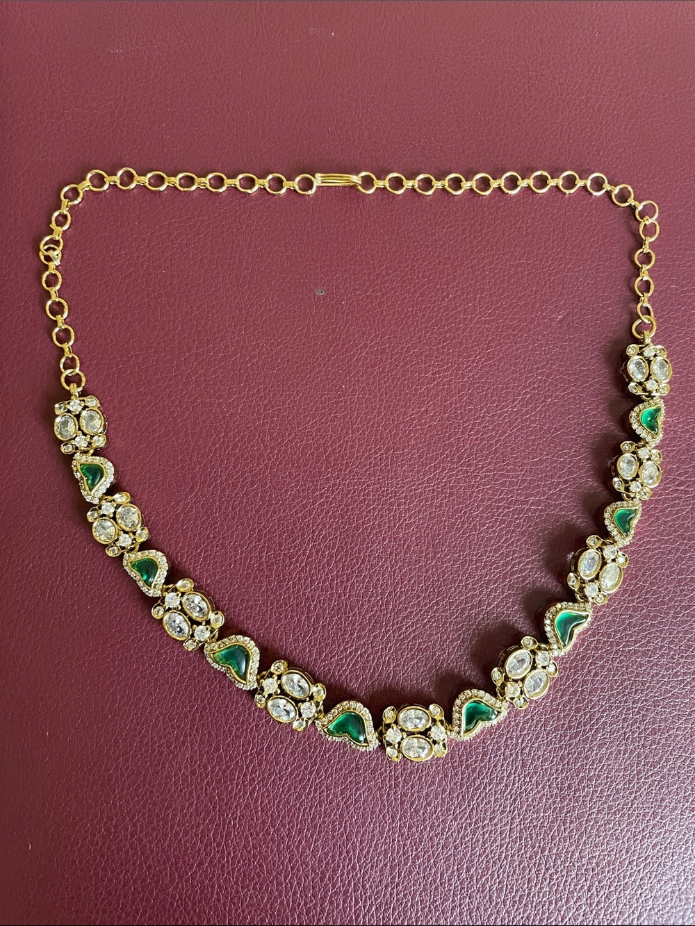 Gold-Tone Necklace with Green Enamel and Clear Stones